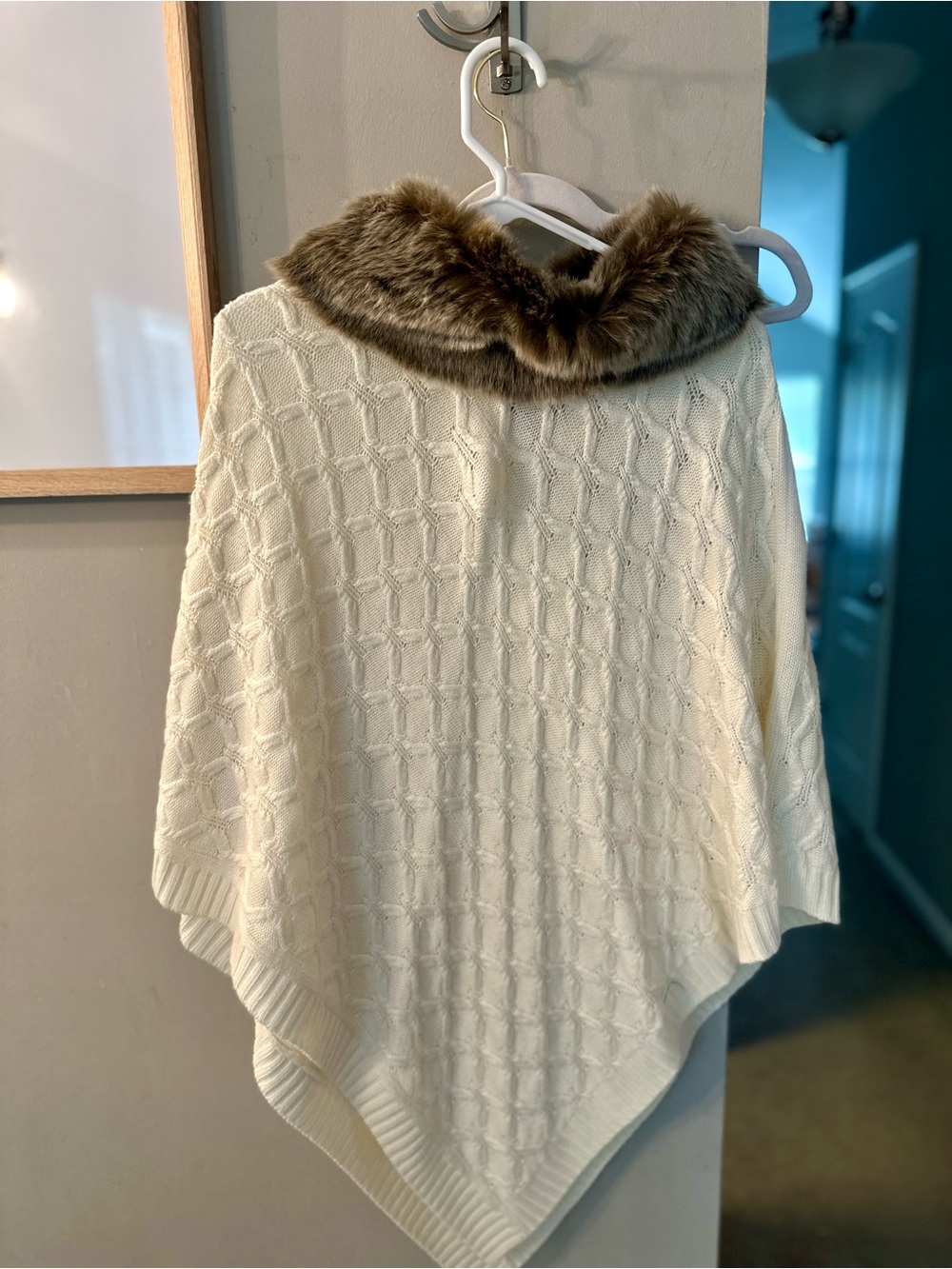 Talbot’s Cream Cable-Knit Poncho with Faux Fur Collar